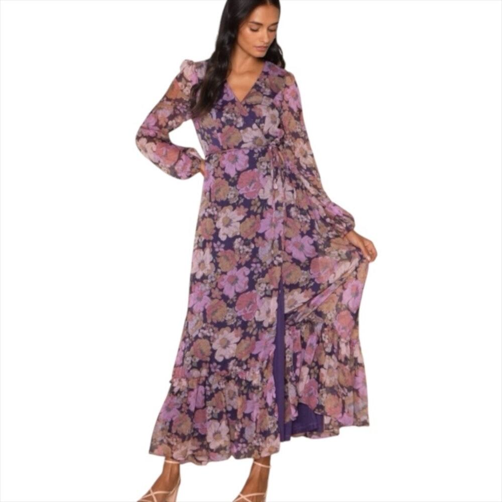 Lulus Feeling Sweet Purple Floral Print Long Sleeve Wrap Maxi Dress Size XS